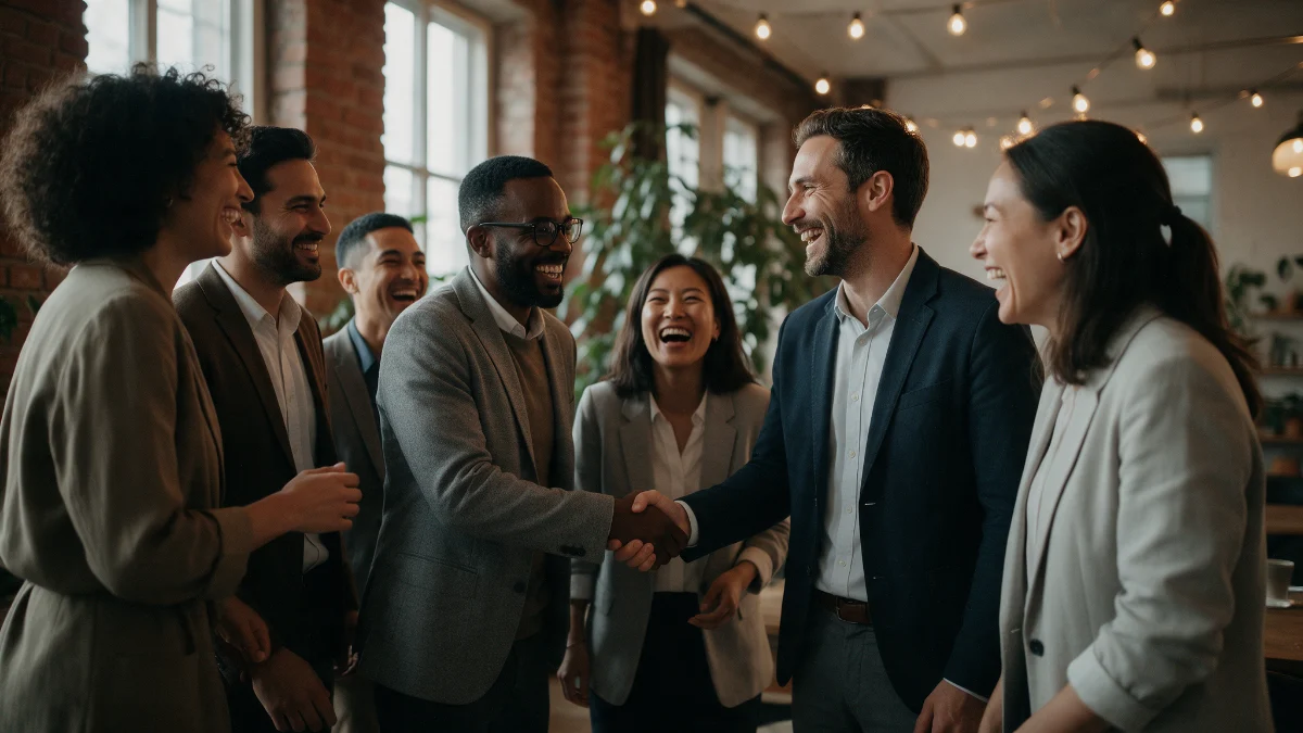 A small circle of founders in focused conversation in a warm loft