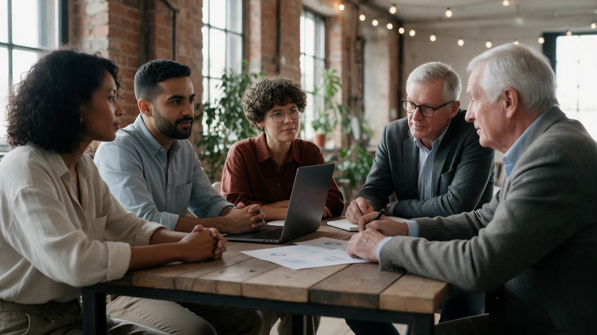 Founders and investors talking across a table in a warm brick loft