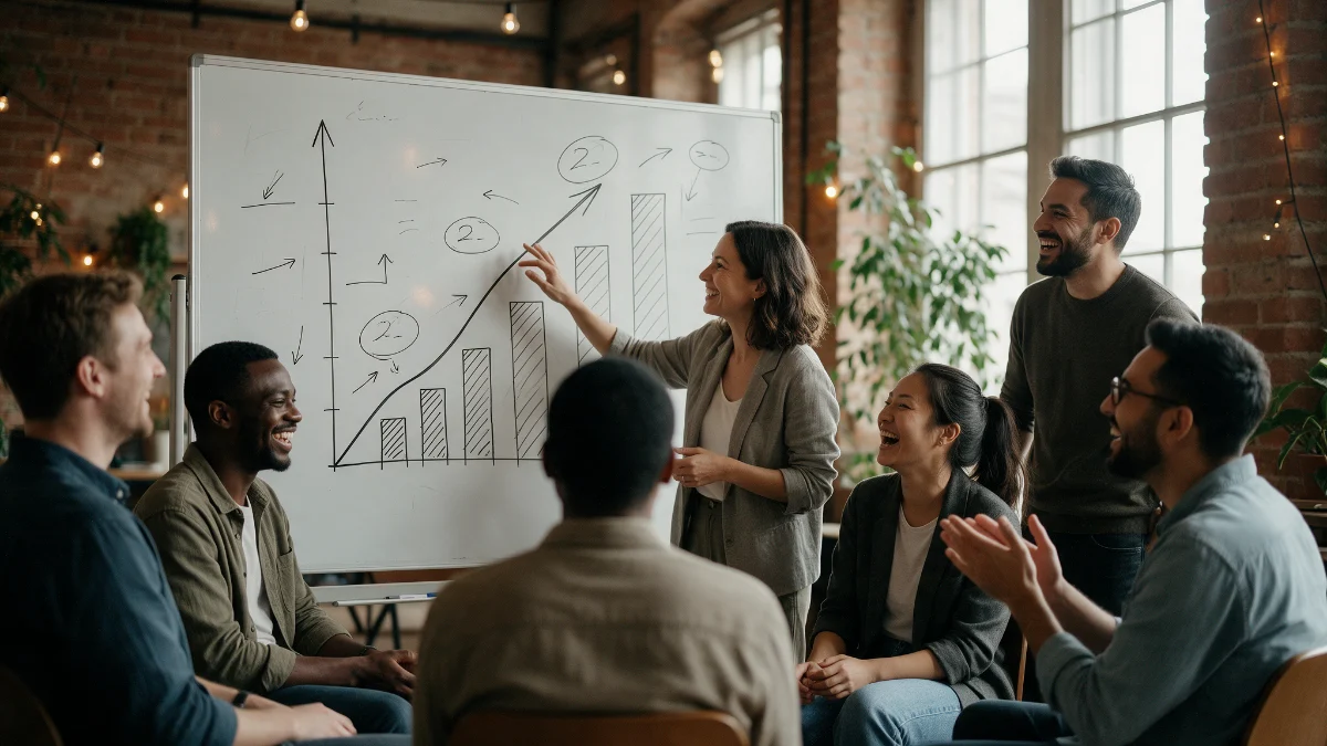 Two founders reading a steeply rising growth curve on a wall monitor