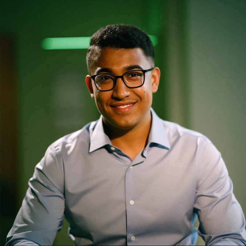 South Asian man with glasses in smart casual, founder