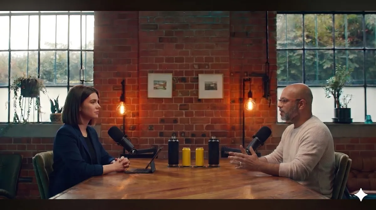 The Trybe podcast studio set, two people in conversation at the microphones