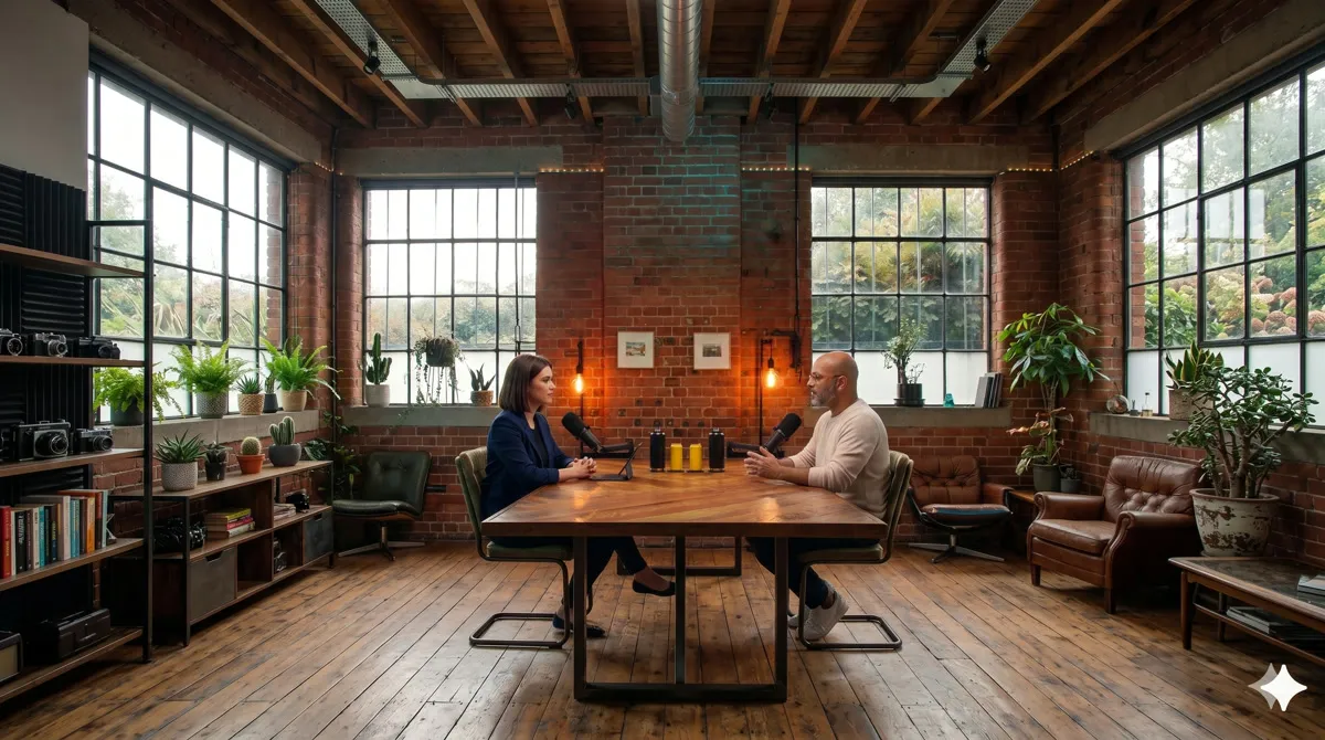 The Trybe podcast studio, wide view of the loft set