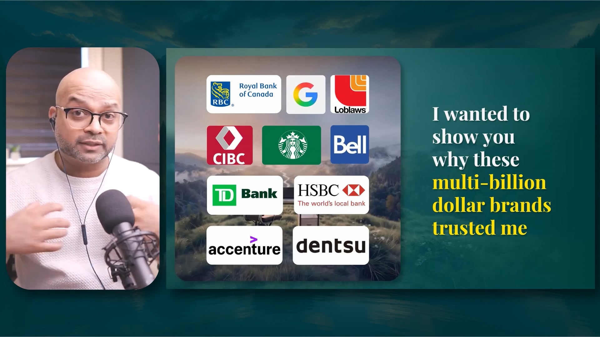 Sheldon Rodrigues explaining why global brands trusted him, beside logos of RBC, Google, Loblaws, CIBC, Starbucks, Bell, TD Bank and HSBC
