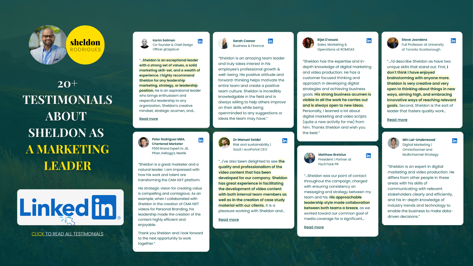 LinkedIn testimonials for Sheldon as a marketing leader